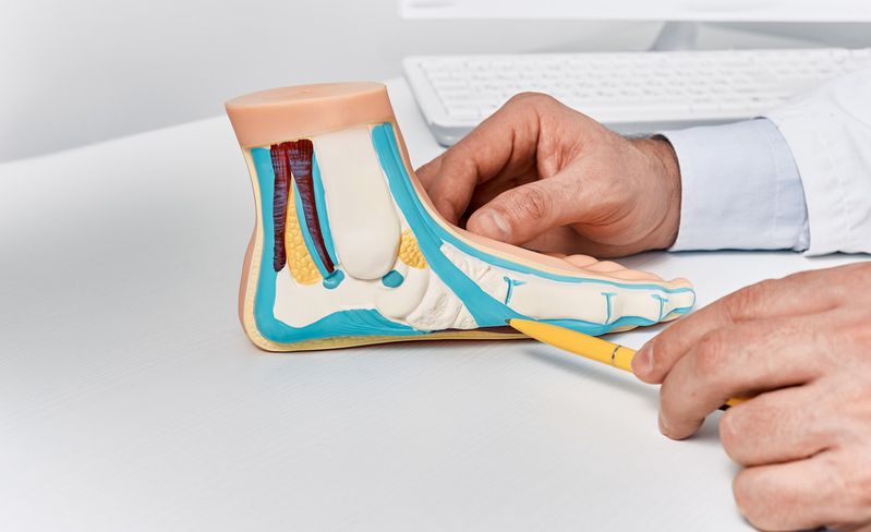 Orthopäde zeigt auf Modell eines Fußes mit Plattfuß
